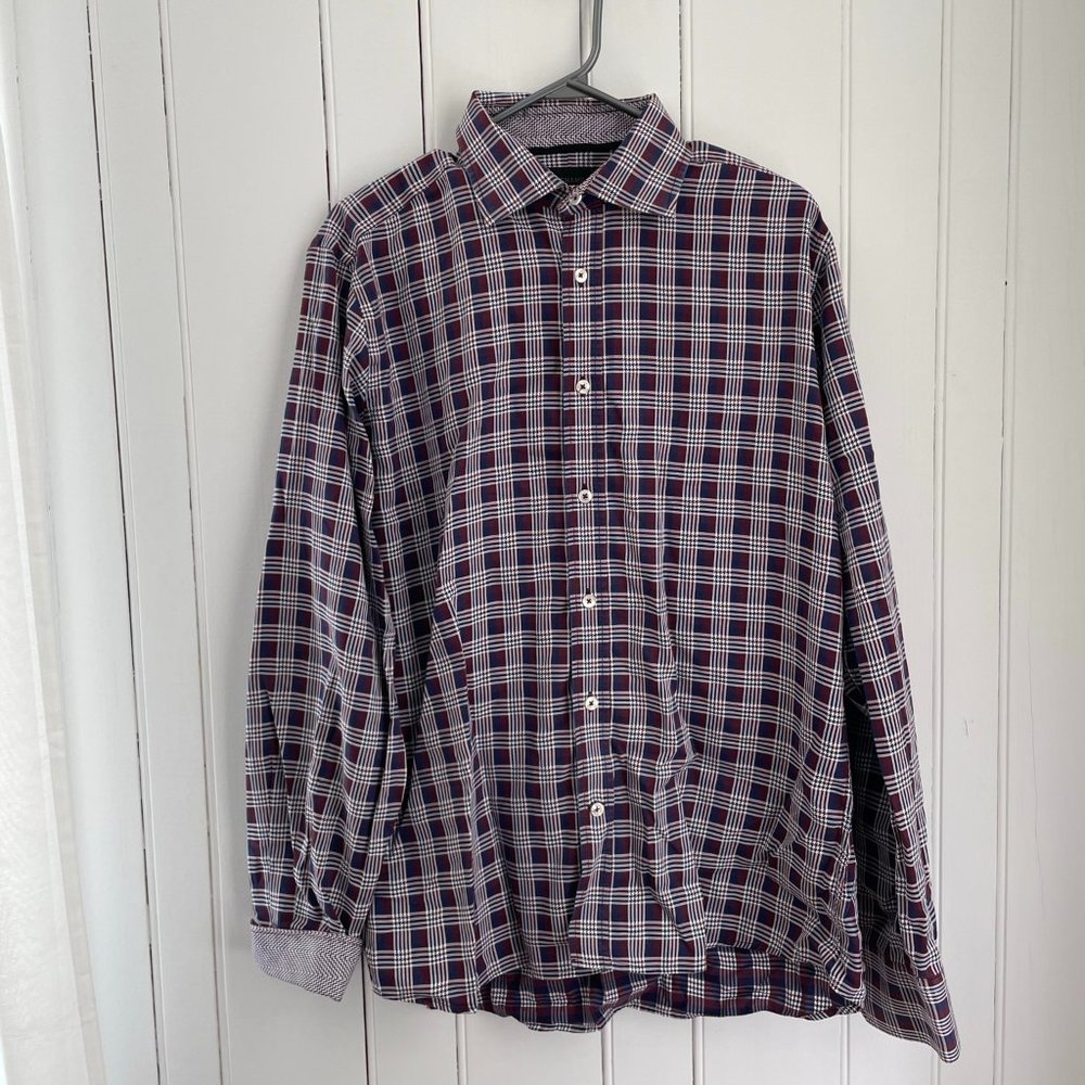 Duchamp Red & Blue Plaid Tailored Fit Dress Men's Shirt Woven in Italy Sz M-L